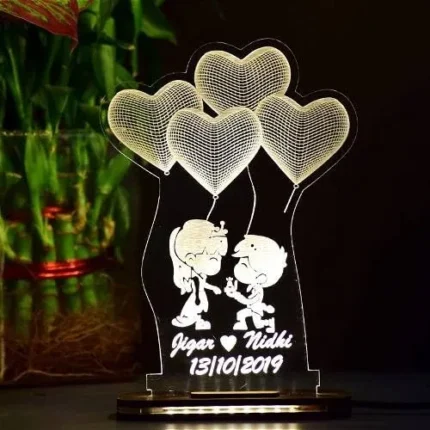 Awesome Craft Personalized 3D Illusion LED Table Lamp | Heart Shape Customized Name Lamp for Couple Gift Anniversary, Wedding, Marriage, Valentine Day- Wooden Base