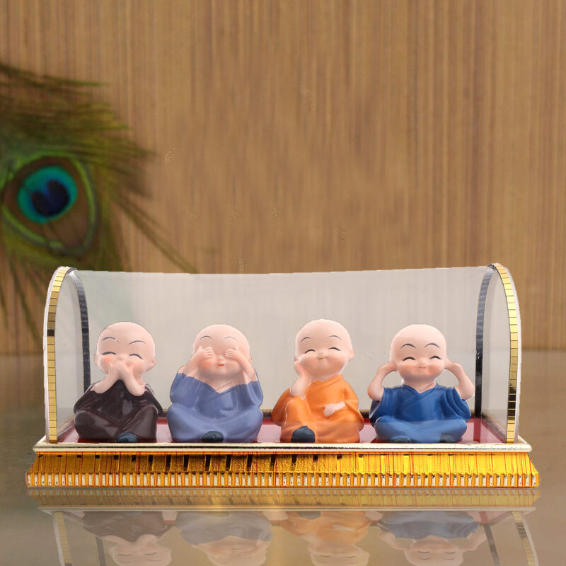 Baby Monk Buddha Set Of 4 Statue for Home Office Car Dashboard Decorative Showpiece ( Multicolor)